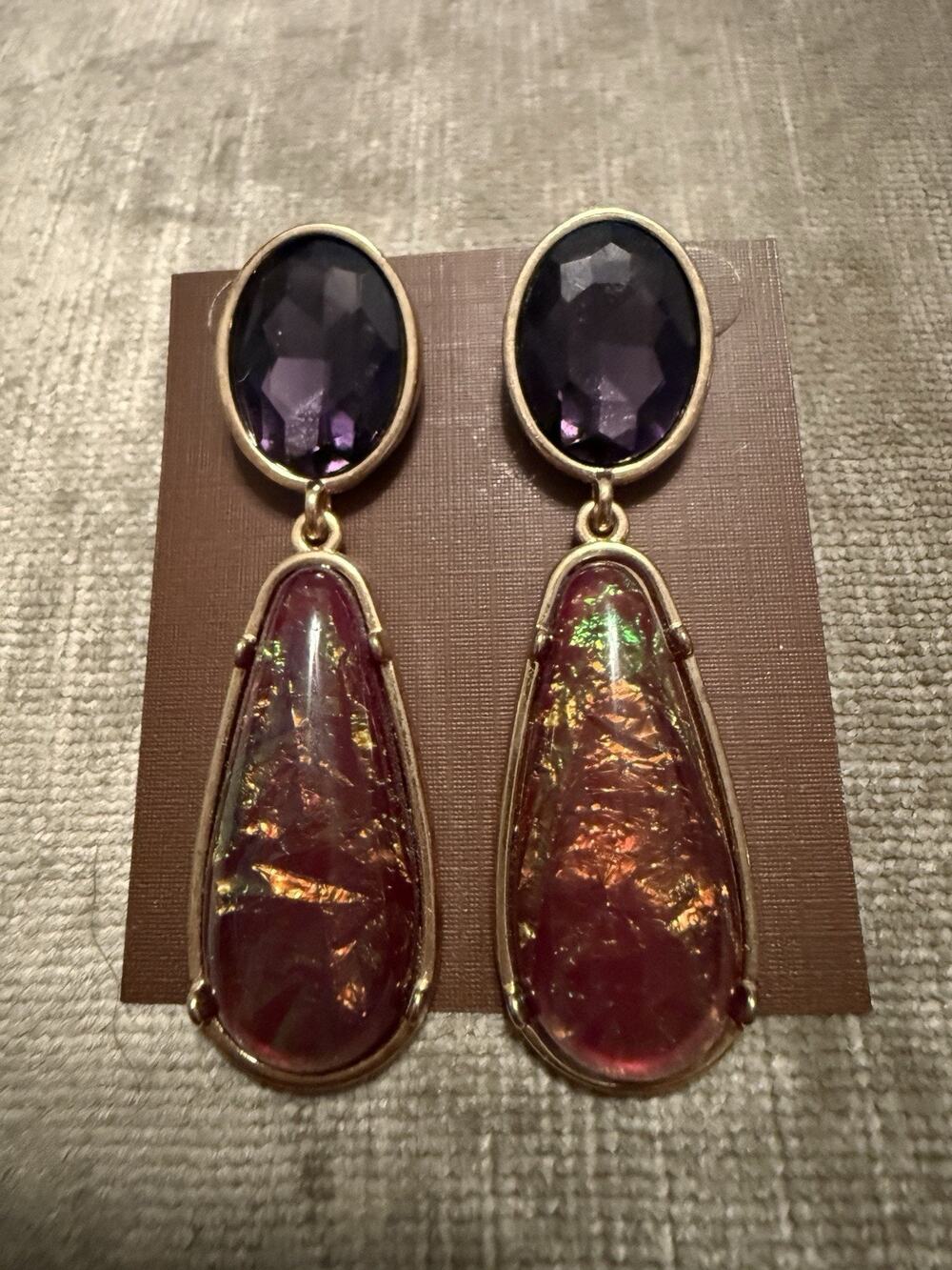 Vintage Boho Statement Amber Purple Dangle Teardrop Cut Drop Earrings Gold